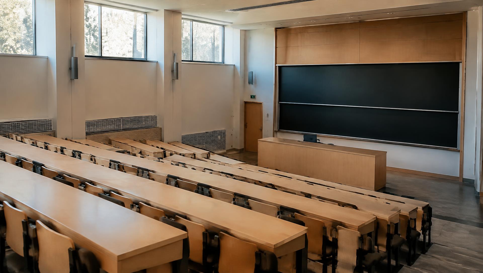 Empty university lecture hall with tiered wooden desks