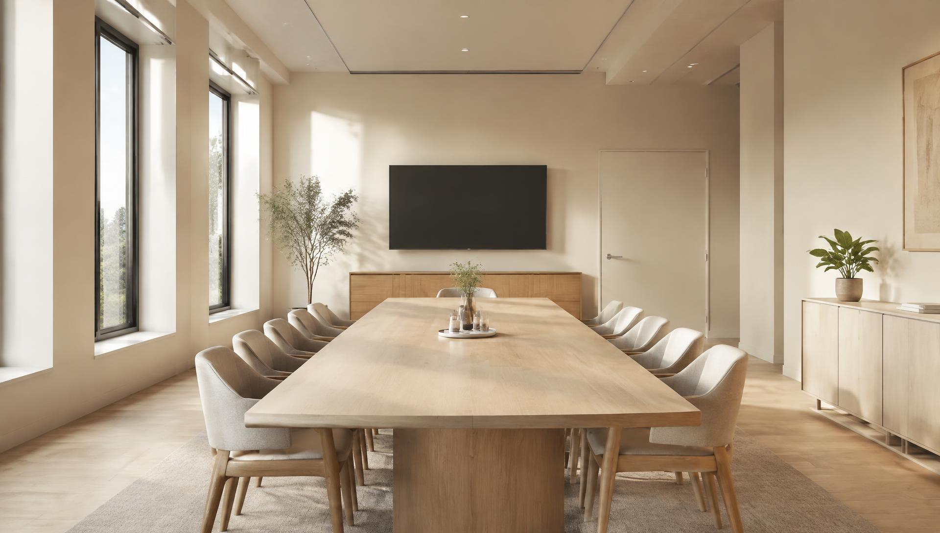 Empty boardroom with a long oak meeting table in soft daylight